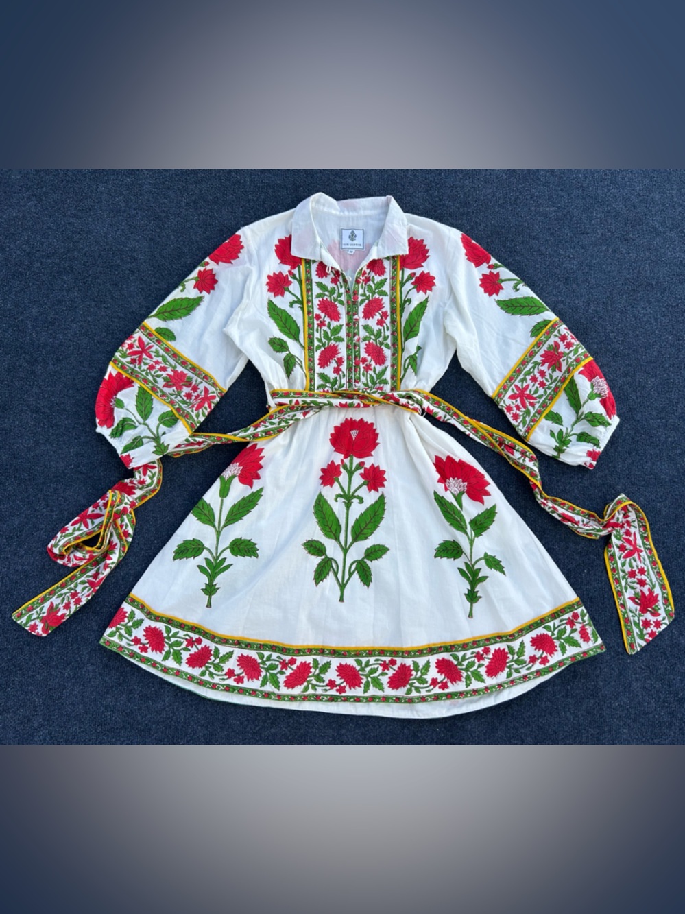 **SOLD** Sue Sartor Flounce Shorty Dress in White Red Green Dahlia Print Medium